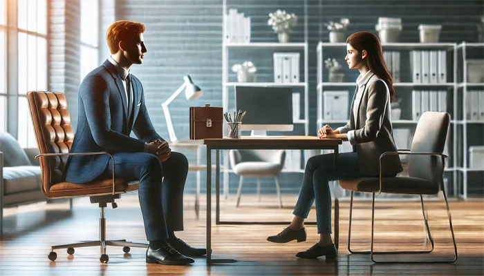 Dos personas hablando sentadas frente a una mesa de escritorio en una oficina Dos personas hablando sentadas frente a una mesa de escritorio en una oficina