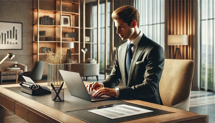 Un asesor financiero en trabajando con su portatil en un escritorio elegante Un asesor financiero en trabajando con su portatil en un escritorio elegante
