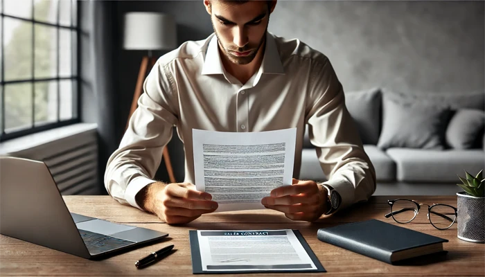 Un hombre leyendo un contrato de compra venta Un hombre leyendo un contrato de compra-venta