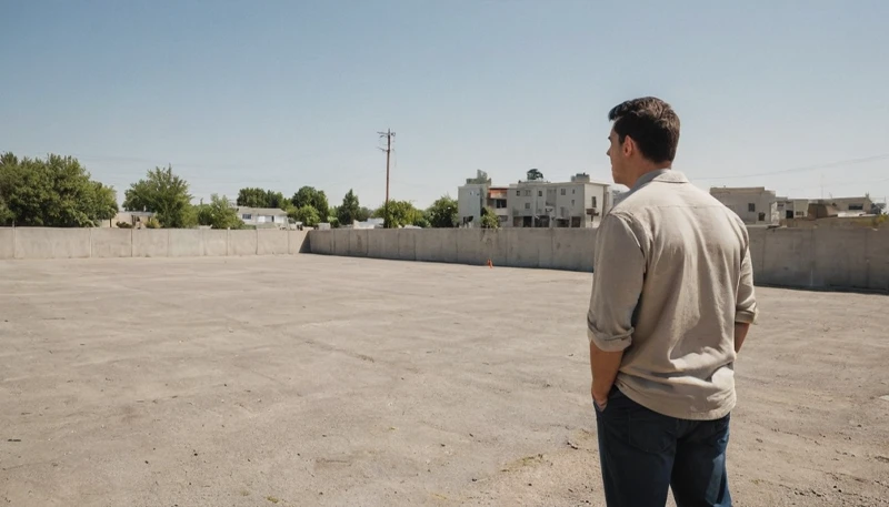 Un hombre mirando un terreno urbano vacio que esta a la venta Un hombre mirando un terreno urbano vacio que está a la venta