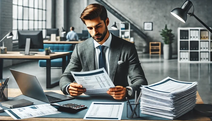 Un hombre tras un escritorio revisando facturas
