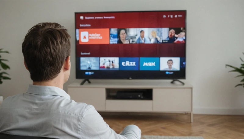 Un hombre viendo un canal de television de inversiones Un hombre viendo un canal de televisión de inversiones