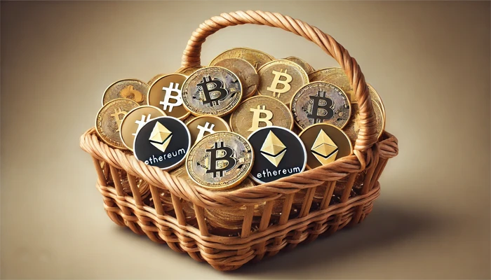 Una cesta de mimbre donde se pueden ver monedas con simbolos de Bitcoin, Ethereum, Solana, USDT