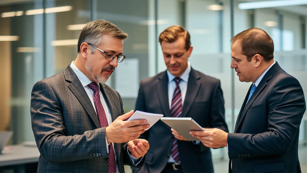 Un hombre vestido con traje de oficina consultando algo con un funcionario de hacienda Un hombre vestido con traje de oficina consultando algo con un funcionario de hacienda