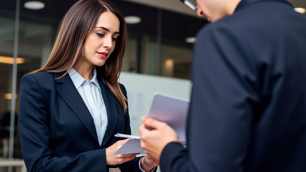 Una mujer vestida con traje de oficina consultando algo con un funcionario de hacienda Una mujer vestida con traje de oficina consultando algo con un funcionario de hacienda
