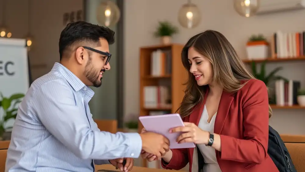 Una pareja negociando una hipoteca con un banco Una pareja negociando una hipoteca con un banco