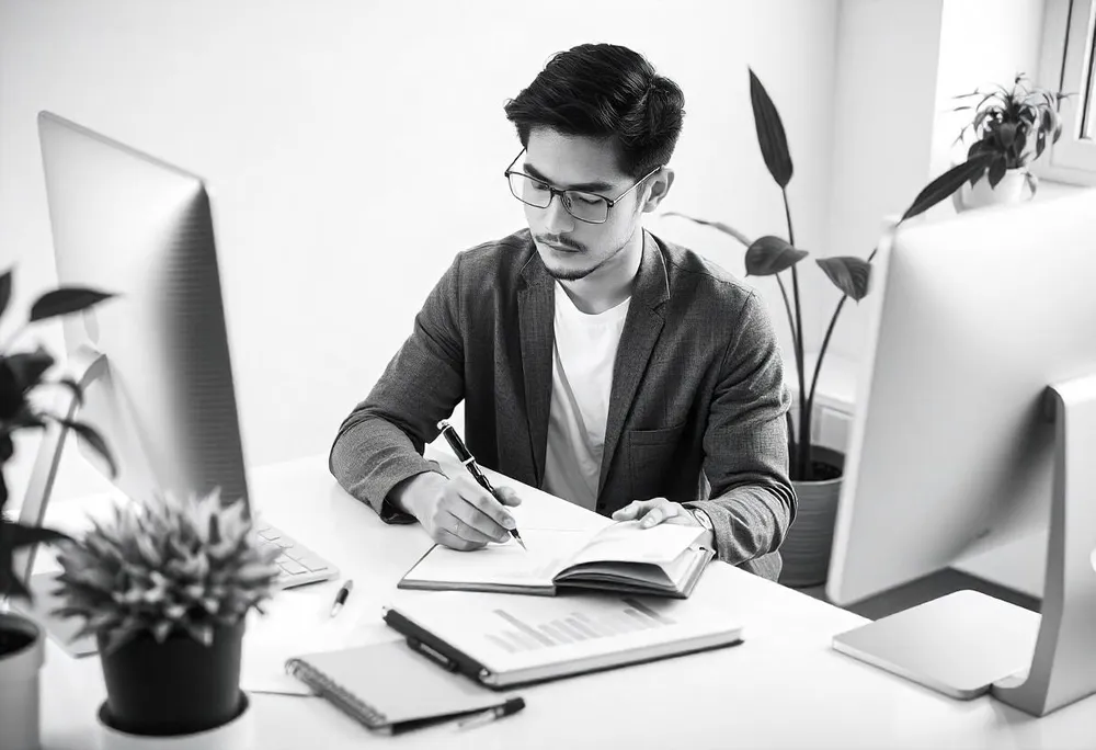 Un hombre calculando un presupuesto sentado en su escritorio con su ordenador Un hombre calculando un presupuesto sentado en su escritorio con su ordenador