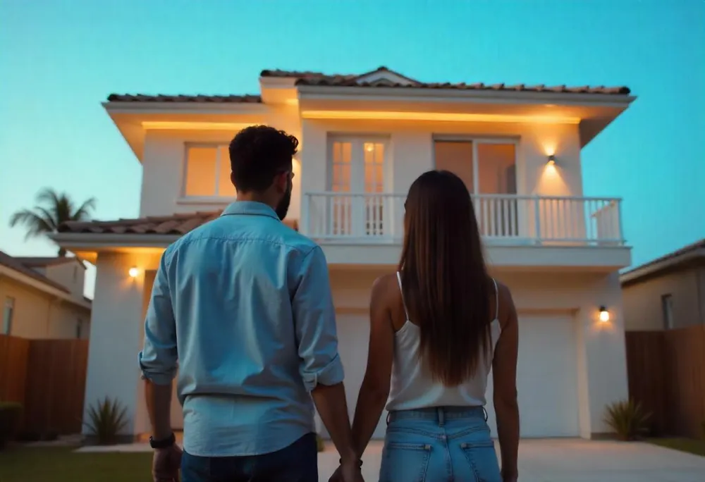 Un matrimonio agarrados mirando desde fuera la fachada de una casa nueva Un matrimonio agarrados mirando desde fuera la fachada de una casa nueva
