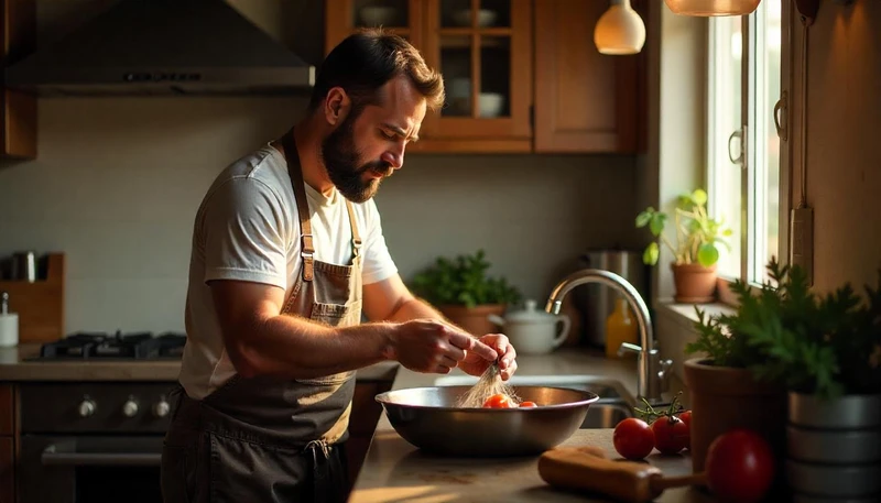 Un hombre fontanero en una cocina reparando un grifo Un hombre fontanero en una cocina reparando un grifo