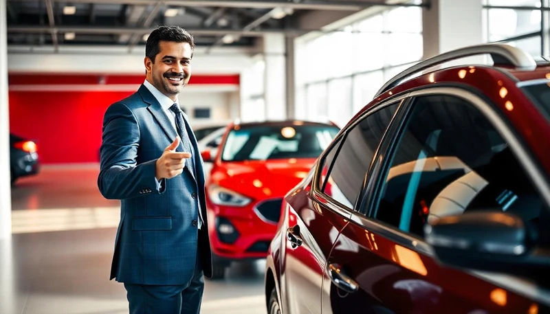 Un hombre vendiendo un coche en un concesionario de coches