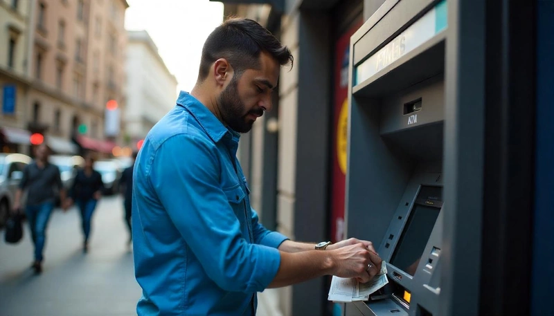 Un hombre ingresando dinero en un cajero