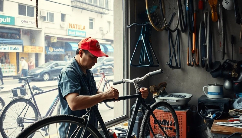Un hombre trabajando en su tienda de bicicletas